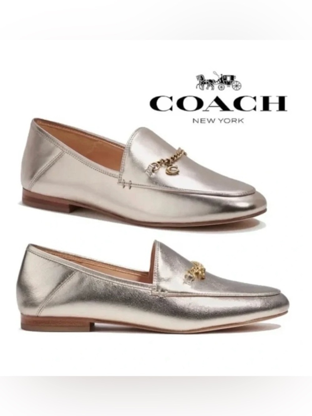 COACH Metallic Hanna Leather Loafer Shoe W/ Chain Stylish Chic Sleek Couture 9